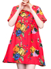 Folk Print O Neck Frog Button Women Mini Dresses