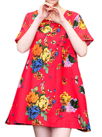 Folk Print O Neck Frog Button Women Mini Dresses