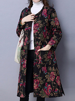 Folk Printed Female Long Sleeve Pocket Cotton Linen Thickening Coat