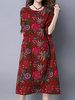 Folk Printed Loose Women Long Sleeve O Neck Dress