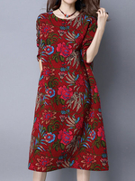 Folk Printed Loose Women Long Sleeve O Neck Dress