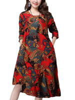 Folk Style Asymmetric Pleated Floral Printed Long Sleeve Loose Women Dress