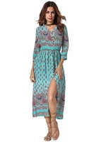 Folk Style Floral Print Slit Hem V-neck Women Maxi Dress