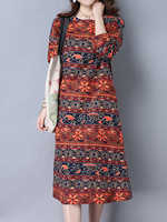 Folk Style Floral Printed Long Sleeve O-Neck A-Line Dress