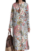 Folk Style Floral Printed Split Mid-Calf Long Sleeve Straight Dress