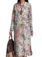 Folk Style Floral Printed Split Mid-Calf Long Sleeve Straight Dress