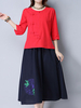 Folk Style Frog Button 3/4 Sleeve O-Neck Women T-Shirts