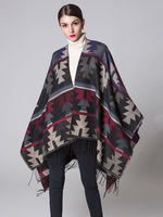 Folk Style Geometric Patterns Printed Tassels Patchwork Shawl Cloak Scarf