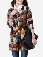 Folk Style Ink Printing O Neck Long Sleeve Women Outerwear