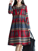 Folk Style Pleated Loose Long Sleeve Vintage Women Dress