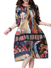 Folk Style Pocket Long Sleeve Graffiti Printed Women Dress