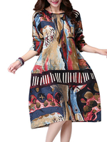 Folk Style Pocket Long Sleeve Graffiti Printed Women Dress
