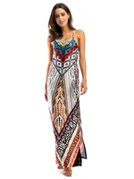 Folk Style Print Backless Split Sleeveless O-neck Maxi Dress For Women