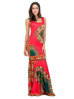 Folk Style Print Fishtail Sleeveless O-neck Maxi Dress For Women