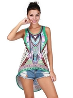 Folk Style Print Irregualar Sleeveless O-neck Tank Tops For Women