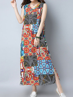 Folk Style Print Patchwork Sleeveless V-neck Dress For Women