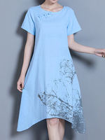Folk Style Print Short Sleeve O Neck A Line Women Dresses