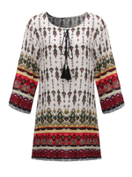 Folk Style Printed O-Neck Mini Dress For Women
