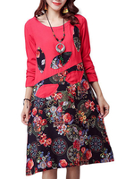 Folk Style Printed Patchwork Long Sleeve Loose Vintage Women Dress