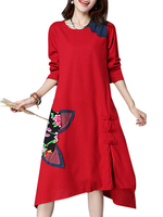 Folk Style Printed Patchwork Plate Button Long Sleeve Asymmetric Dress