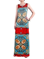 Folk Style Random Print Sleeveless O-neck Maxi Dress For Women