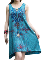 Folk Style Sleeveless O Neck Women A Line Dresses