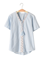 Folk Style Women Embroidery Hollow Out V-Neck T-Shirt