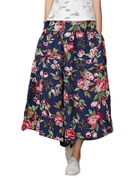 Folk Style Women High Waist Floral Printed Linen Irregular Wide Leg Pants