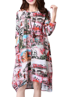 Folk Style Women Long Sleeve Painting Printed Irregular Cotton Linen Dress