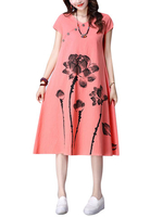 Folk Style Women Lotus Printed Cotton Linen Dress