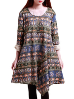 Folk Style Women Printed Irregular Long Sleeve Pocket Dress