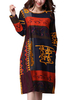 Folk Style Women Printed Long Sleeve Straight Linen Dress