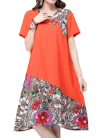 Folk Style Women Printing Patchwork Cotton Linen Dress