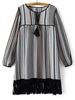 Folk Tassel Ethnic Strip Long Sleeve Tie Women Mini Dress