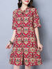Folk Vintage Print Horn Buckles Half Sleeve Women Dresses