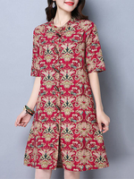 Folk Vintage Print Horn Buckles Half Sleeve Women Dresses