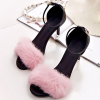 Furry Peep Toe Buckle High Heel Pure Color Sandals