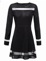 Gauze Patchwork Black Long Sleeve Party Women Mini Dress