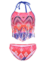 Geometric Printed Tassel Wireless Halter Bikini Swimwear