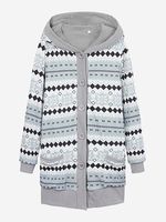 Geometry Print Long Sleeve Single Breasted Warm Hooded Women Casual Coat