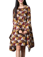 Geometry Printed Irregular Hem Vintage Loose Women Long Sleeve Dress
