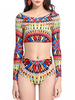 Geometry Printing Long Sleeves Cut Out High Waisted Wireless Tankini Swimwear