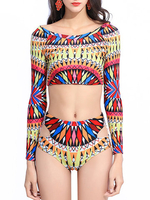 Geometry Printing Long Sleeves Cut Out High Waisted Wireless Tankini Swimwear