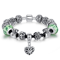 Glass Beads Heart Green Murano Leather Strap Bracelet