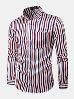 Glossy Silk Striped Casual Turn Down Collar Long Sleeve Chest Pocket Designer Shirt for Men