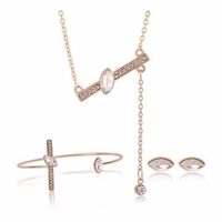 Gold Alloy Rhinestone Rectangle Earrings Necklace Suit for Women