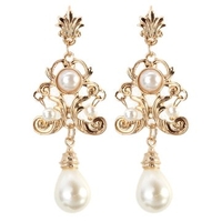 Gold Plated Pearl Vintage Long Dangle Stud Earrings