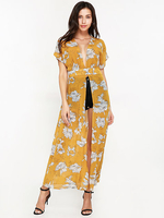 Gracila Bohemian Floral Printed Slit Short Sleeve Women Chiffon Dresses