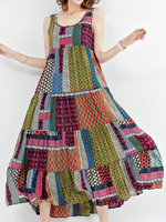 Gracila Bohemian Patchwork Sleeveless O-Neck Long Maxi Dresses