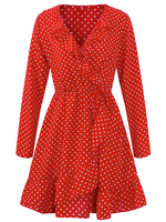 Gracila Bohemian Polka Dots Printed Long Sleeve V-neck Mini Dresses